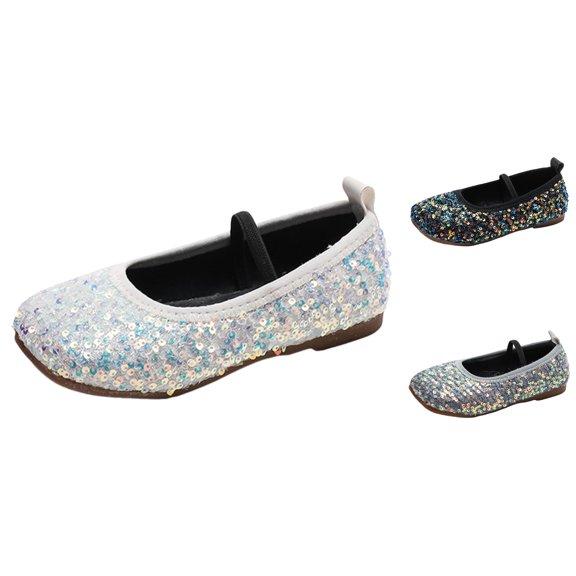 Gyujnb Girls Multicolor Sequin Mary Jane Shoes Elastic Strap Flat Princess Shoes for Party and Dress Up,10-10.5 Years