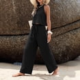 thumbnail image 6 of Women's 2 Piece Outfit Textured Crinkle Fabric Halter Sleeveless Crop Top Drawstring Wide Leg Pants Summer Vacation Casual Matching Set Black, 6 of 6