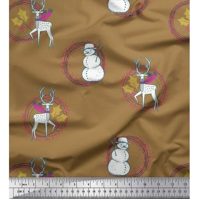 Soimoi Cotton Poplin Fabric Wreath,Snowman,Reindeer Animal Print Fabric by the Yard 42 Inch Wide