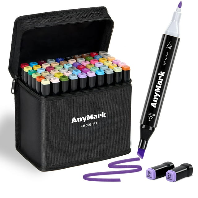 Marcadores de alcohol AnyMark, 60 colores, punta doble, fina