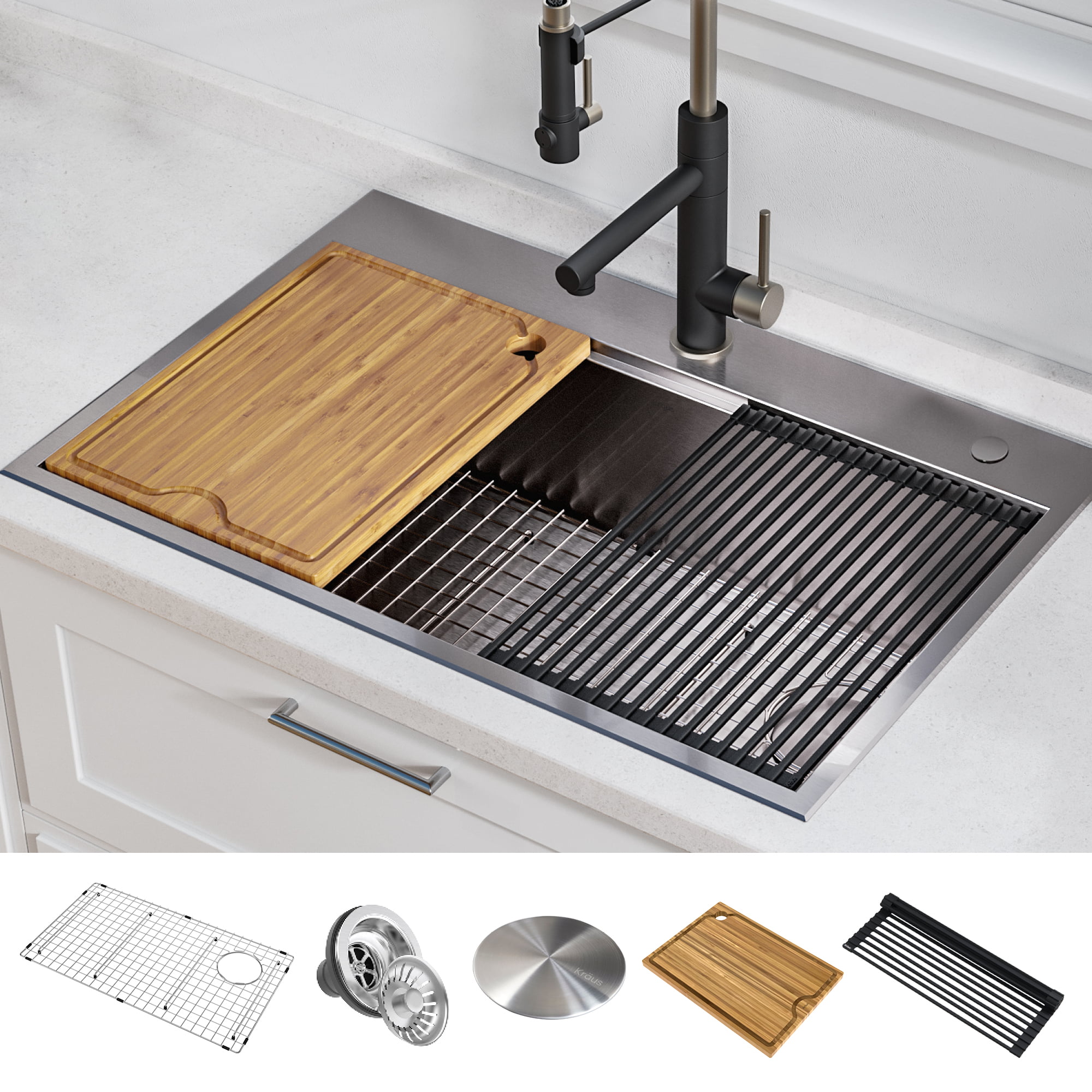 Kraus Kore Workstation 30 Inch Drop In Or Undermount 16 Gauge Single Bowl Stainless Steel Kitchen Sink With Accessories Pack Of 5 Walmart Com Walmart Com