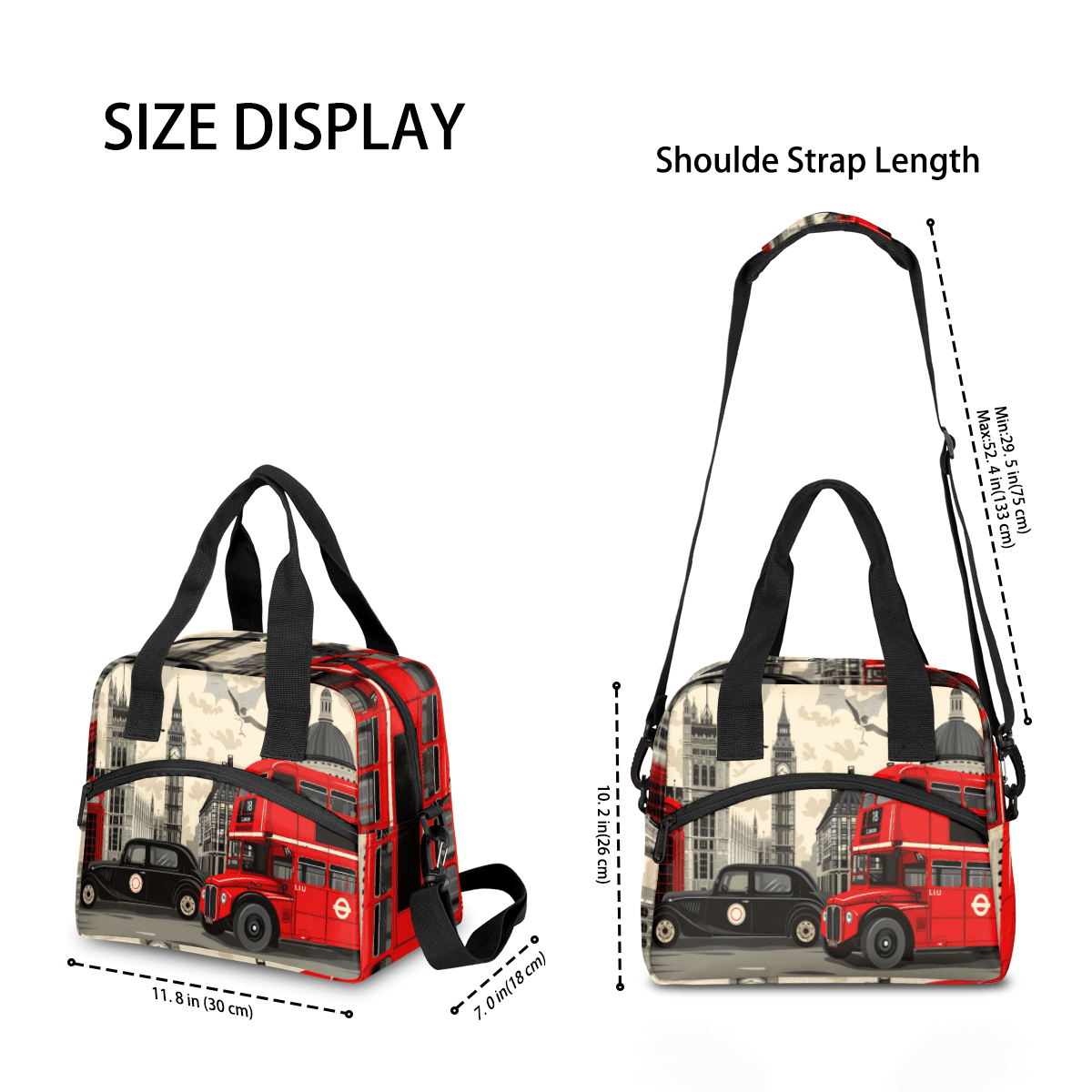 Herdesigns London Big Ben Insulated Lunch Bag for Women Men Adults Large Reusable Lunch Box Britain Telephone Booth City Leakproof Cooler Tote Bags with Adjustable Shoulder Strap