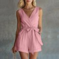 thumbnail image 6 of TEAJOPSUU Women's Summer Short Rompers Cotton Blend Elegant Sleeveless Wrap V Neck Tie Waist Wide Leg Short Jumpsuits with Pockets Pink, 6 of 7