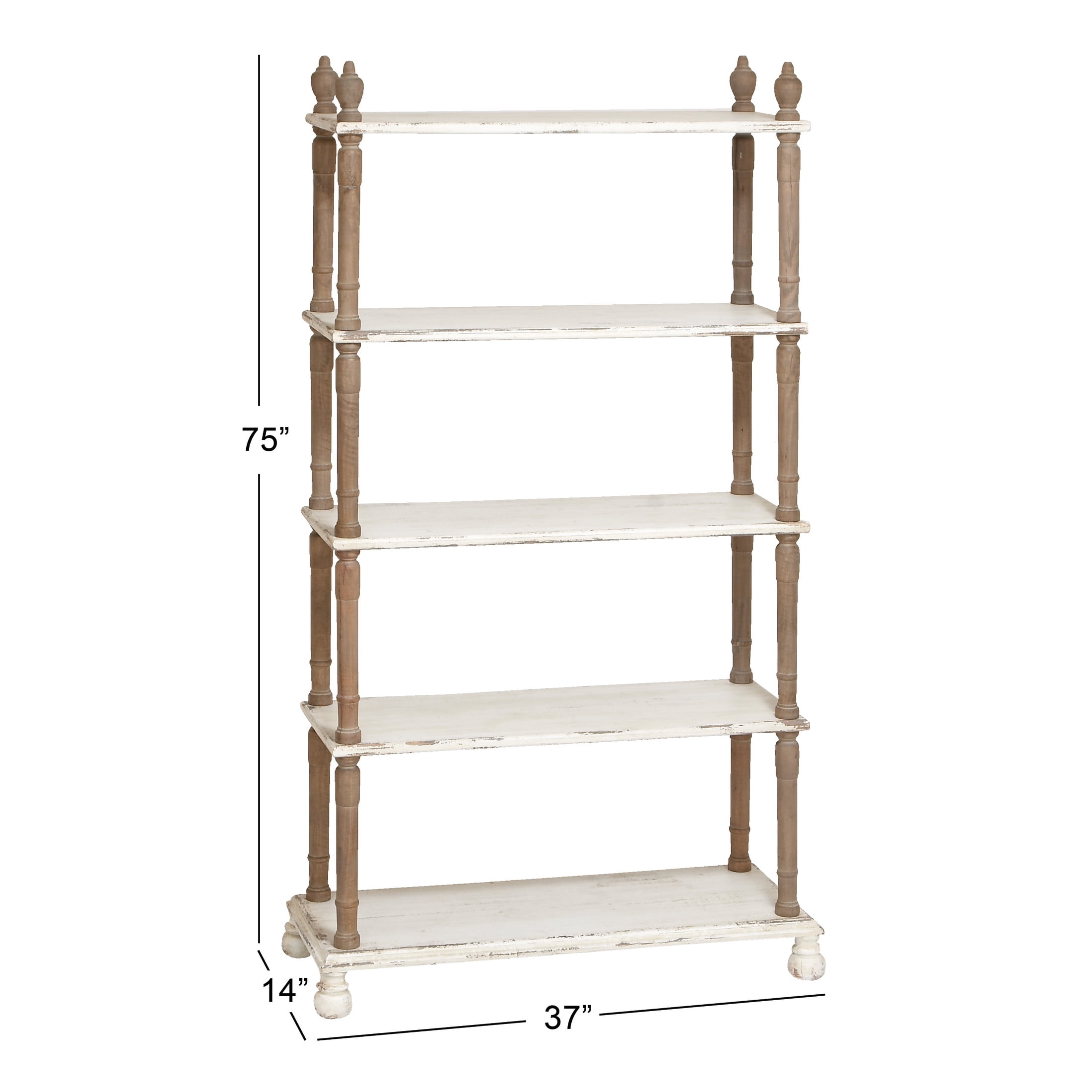 DecMode 37" x 75" White Wood Distressed Turned 5-Tier Shelving Unit with Brown Spindle Sides and Ball Feet, 1-Piece