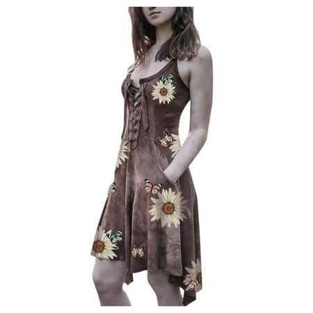 

Dresses for Women 2022 Black Dress Women Irregular Hem Sunflower Butterfly Print Suspender Dress Summer Savings Clearance 2022 Dress Pants Women Midi Dresses for Women Brown L