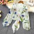 thumbnail image 6 of Retro Floral Chiffon Cardigans Womens Tie Front Sheer Cardigan Cover Ups Lightweight Lantern Sleeve Elegant Shirt Tops White, M, 6 of 6