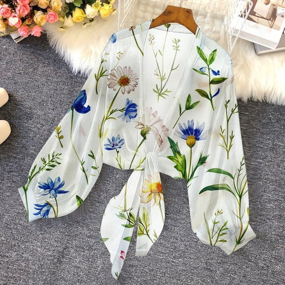 Fznquz Summer Cardigan for Women Chiffon Shrugs Cover Up Cardigan Graphic Bolero Tie Front Womens Tops
