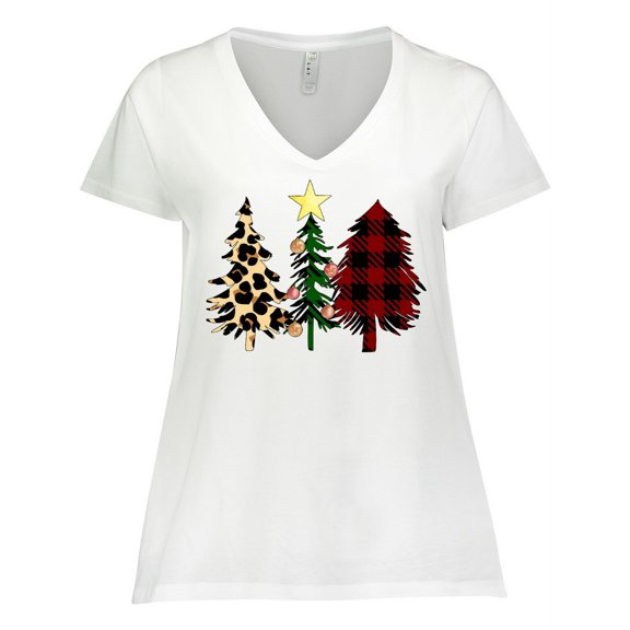 Inktastic Three Christmas Trees in Plaid and Leopard Print Women's Plus Size V-Neck T-Shirt