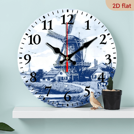 10 Inch Wooden Nederland Cute Vintage Dutch Windmill Delft Blue Silent Wall Clock, Vintage Rustic