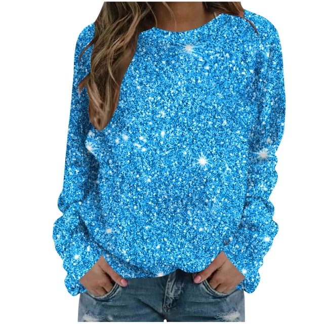 Bowake Sweat à Manches Longues à Sequins pour Femmes Col Rond Décontracté Hauts Pailletés pour Sortir Blouses de Fête