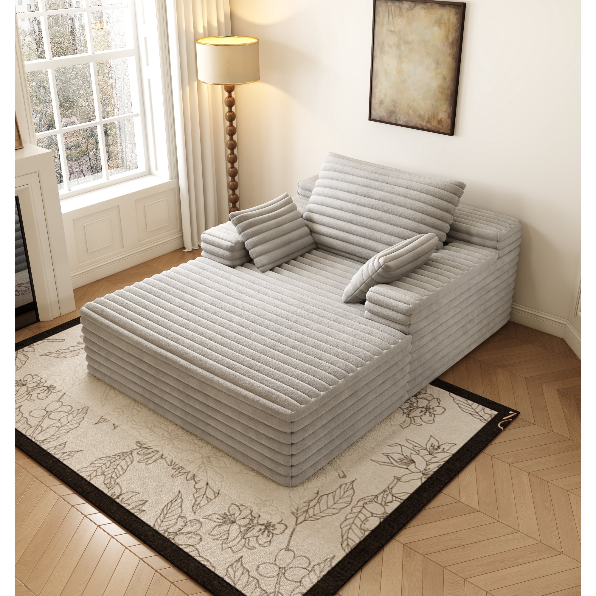 Leumius Chaise Lounge Chair Indoor,Oversized Boneless Lounge Chair with 3 Pillows,Corduroy Cloud Couch Chair with Deep Seat for Living Room Bedroom,No Assembly Required,Grey
