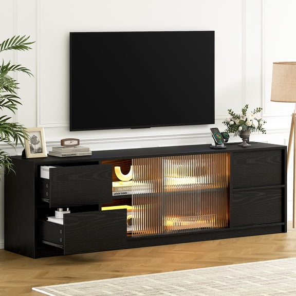 GUNAITO TV Stand for TVs up to 75", Big TV Stand for Living Room with 4 Drawers and LED Lights, Entertainment Center with Storage, Black