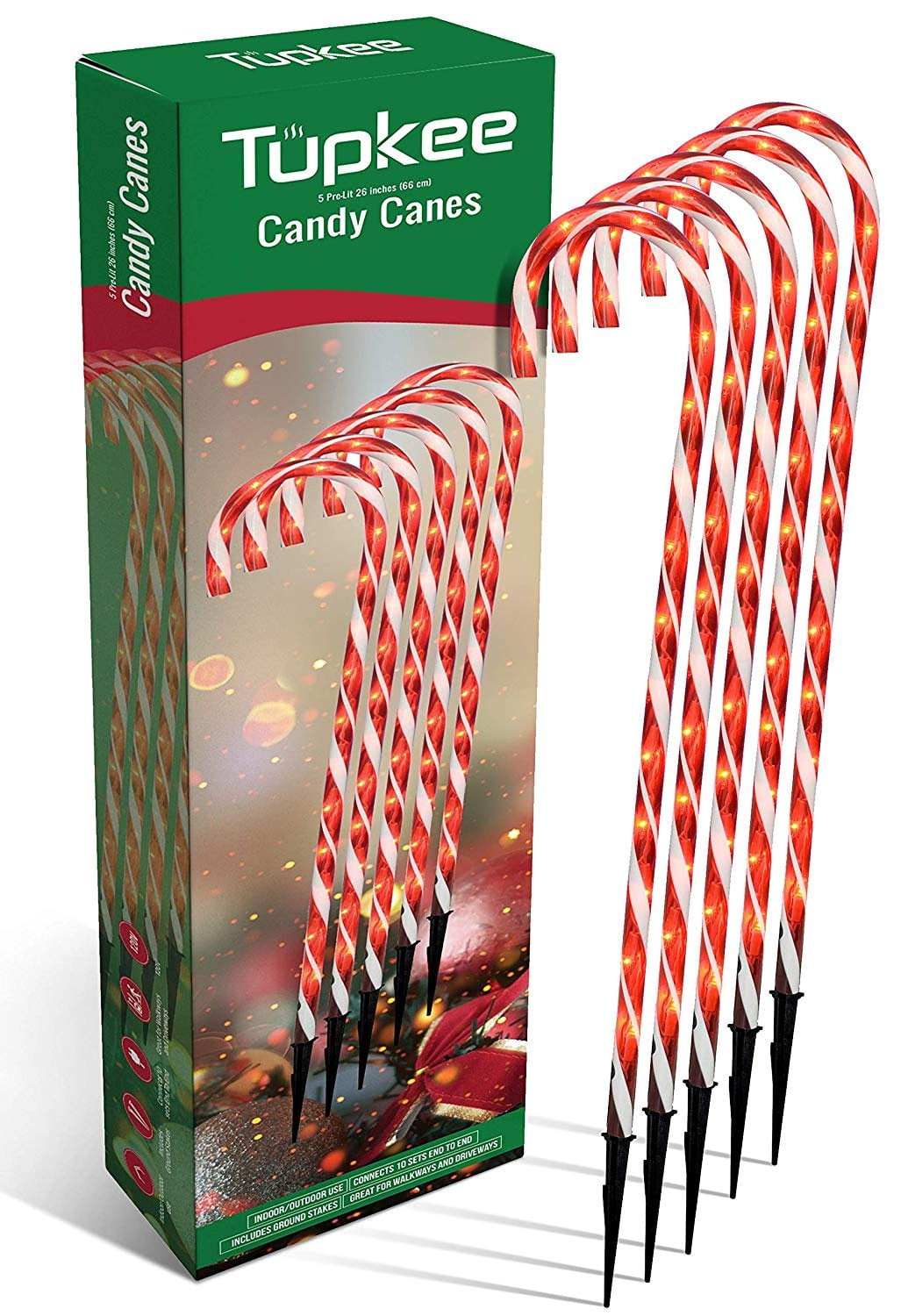 Tupkee PreLit Candy Cane Decorations Pathway Christmas Lights, 26Inches 66 cm, Set of 5