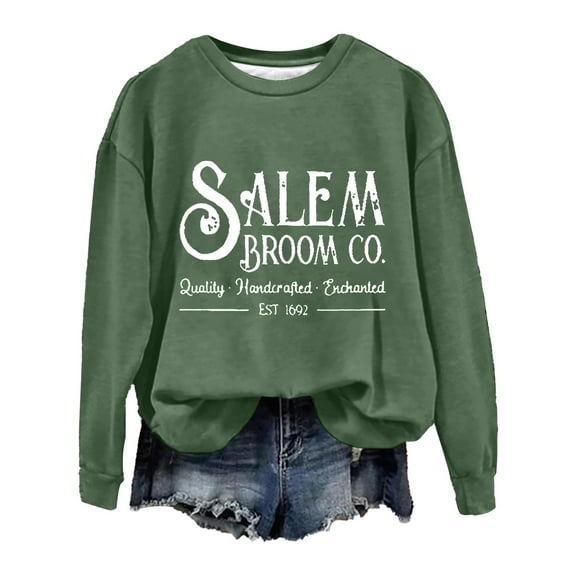Salem Broom Sweatshirt for Women, Funny Fall Halloween Sweatshirts, Salem Broom Graphic Pullover Long Sleeve Vintage Shirts Fall Outfits Daily Wear Holiday Loungewear, Army Green L