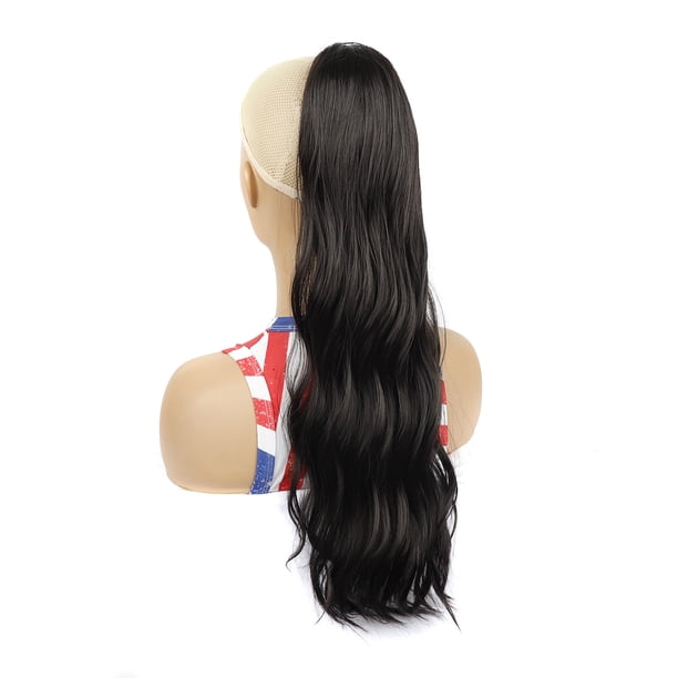 Xiao Hua Extensiones de cola de caballo largas de 23,6 pulgadas con cordón ajustable, extensiones de cabello sintético ondulado y rizado para mujer, color marrón oscuro.