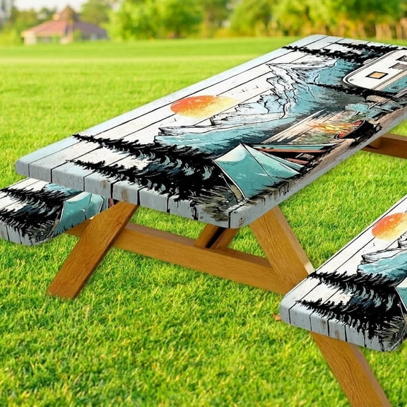 Picnic Table Cover with Bench Covers , Wooden Camper Waterproof Windproof, Fitted Tablecloth Cover with Elastic Edge, for Indoor & Outdoor, Garden, Camping, 3 Pieces Set, 30x72 Inch