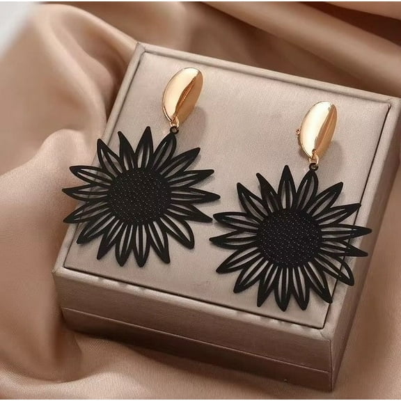 Clip on 3" long gold and black dangle flower earrings