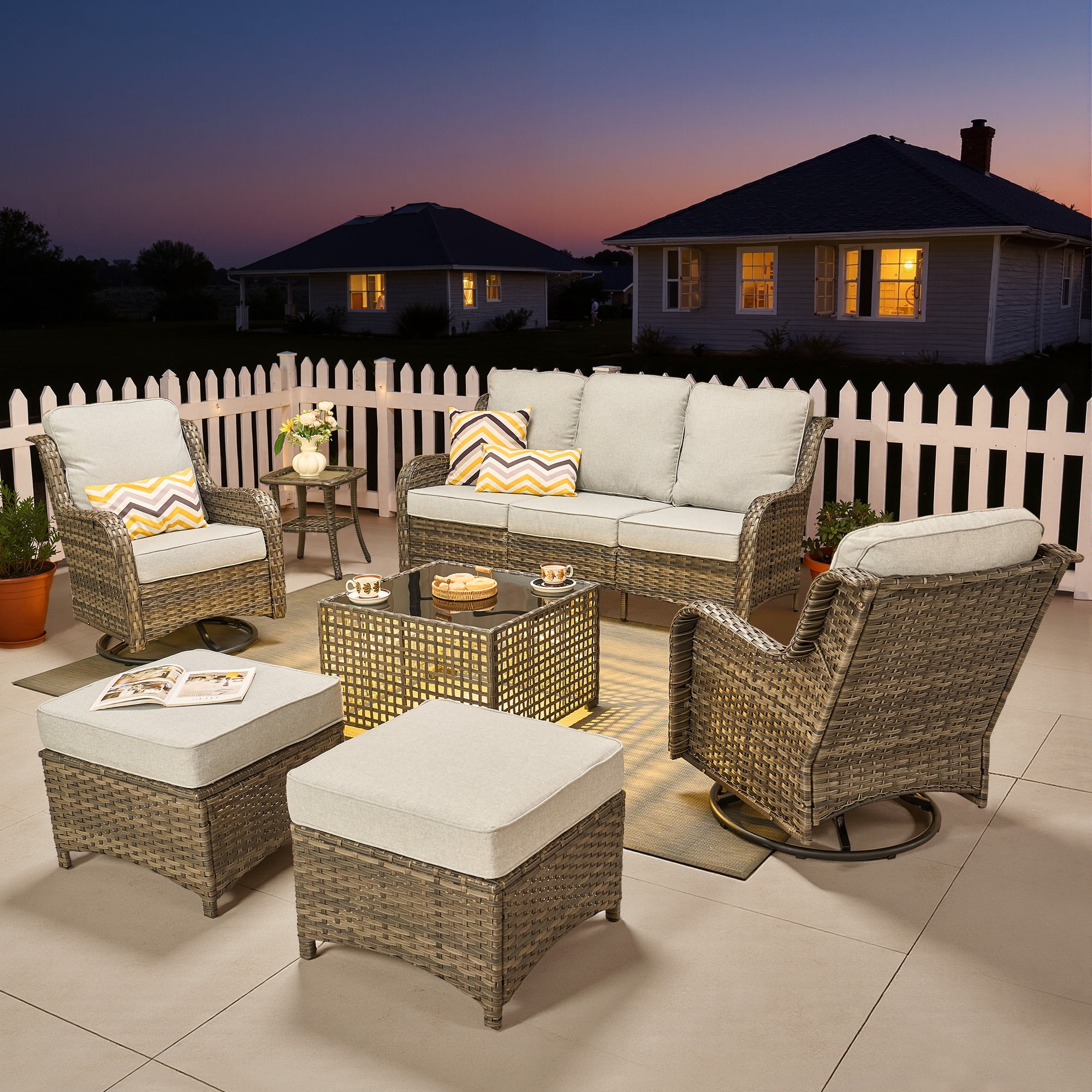 Ovios 7 Pieces Patio Furniture Set High Back All-Weather Wicker Sectional Outdoor Conversation Set with Swivel Chairs & Solar-Powered Coffee Table for Deck, Backyard, or Garden, Denim blue