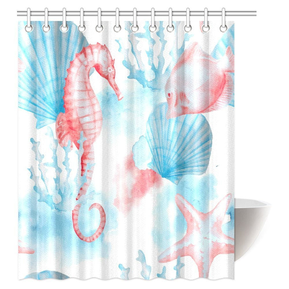 MYPOP Nautical Sea Shells Seahorse and Fish Sandy Beach Exotic Stylized Watercolor Effect Fabric Bathroom Shower Curtain, 60 X 72 Inches