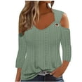 thumbnail image 2 of Cavosen 3/4 Sleeve T Shirts for Women V Neck Cold Shoulder Pullover Shirts Comfort Plain Blouse Dressy Flowy Loose Fit Tees Eyelet Ring Tops Novelty Lightweight Autumn Green L, 2 of 6