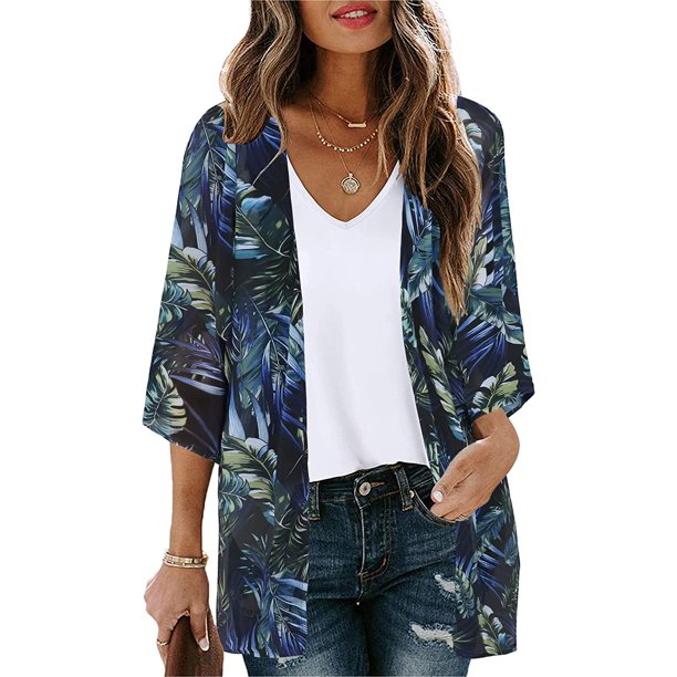 Women's Floral Print Puff Sleeve Kimono Cardigan Loose Cover Up Casual