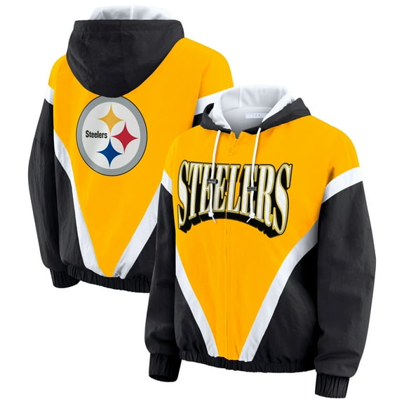 Women's WEAR by Erin Andrews Gold/Black Pittsburgh Steelers Retro Crinkle Full-Zip Hoodie Windbreaker