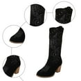 thumbnail image 5 of Mid Calf Cowboy Boots for Women Retro Suede Studded V Cutout Embroidered Chunky High Heel Western Cowgirl Boots Black Size 6, 5 of 7