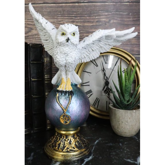 Gothic Snowy Owl Talisman Pentagram Pendant Perching On Gazing Ball Orb Figurine