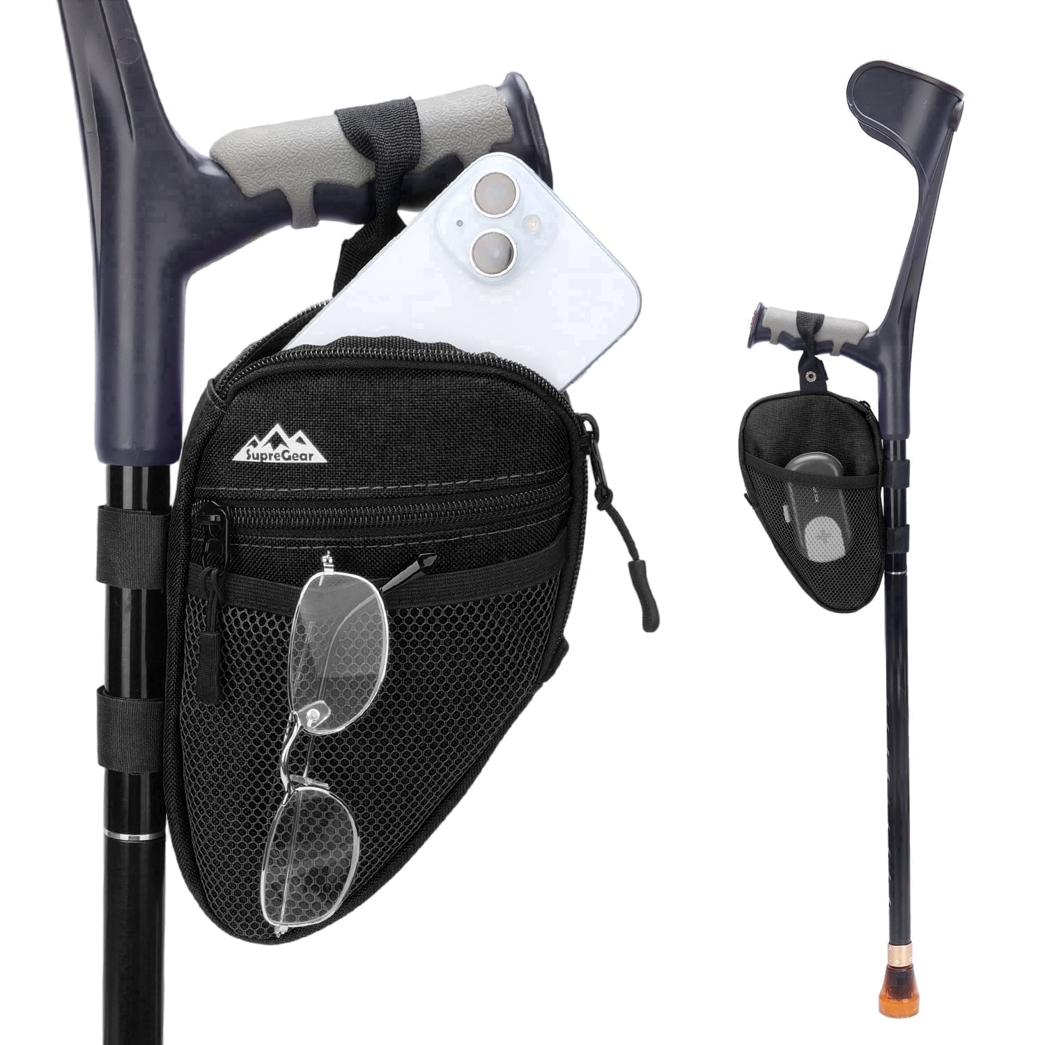 SupreGear Forearm Crutch Accessory Bag with Cup Holder, Lightweight Mobility Walker Pouch, Black, 1 pack