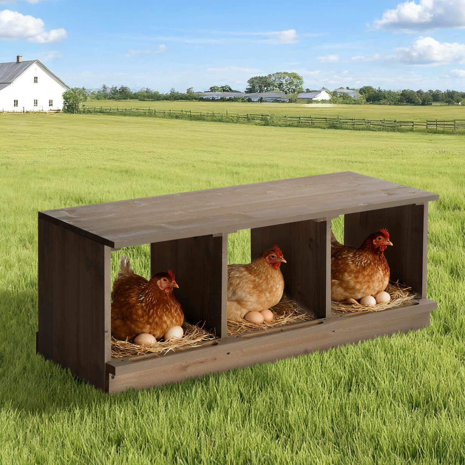 Gray 3-Compartment Wooden Chicken Nesting Box, Weather-Resistant Fir Wood Hen Nest Box with Perches, for Chickens Ducks Geese Rabbits