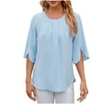thumbnail image 5 of TKLPEHG Short Sleeve Blouses For Women Crew Neck Pleated Elegant Shirts Loose Comfy Fashion Summer Solid Color Graphic Tee Casual Outfits (Sky Blue,XL), 5 of 9