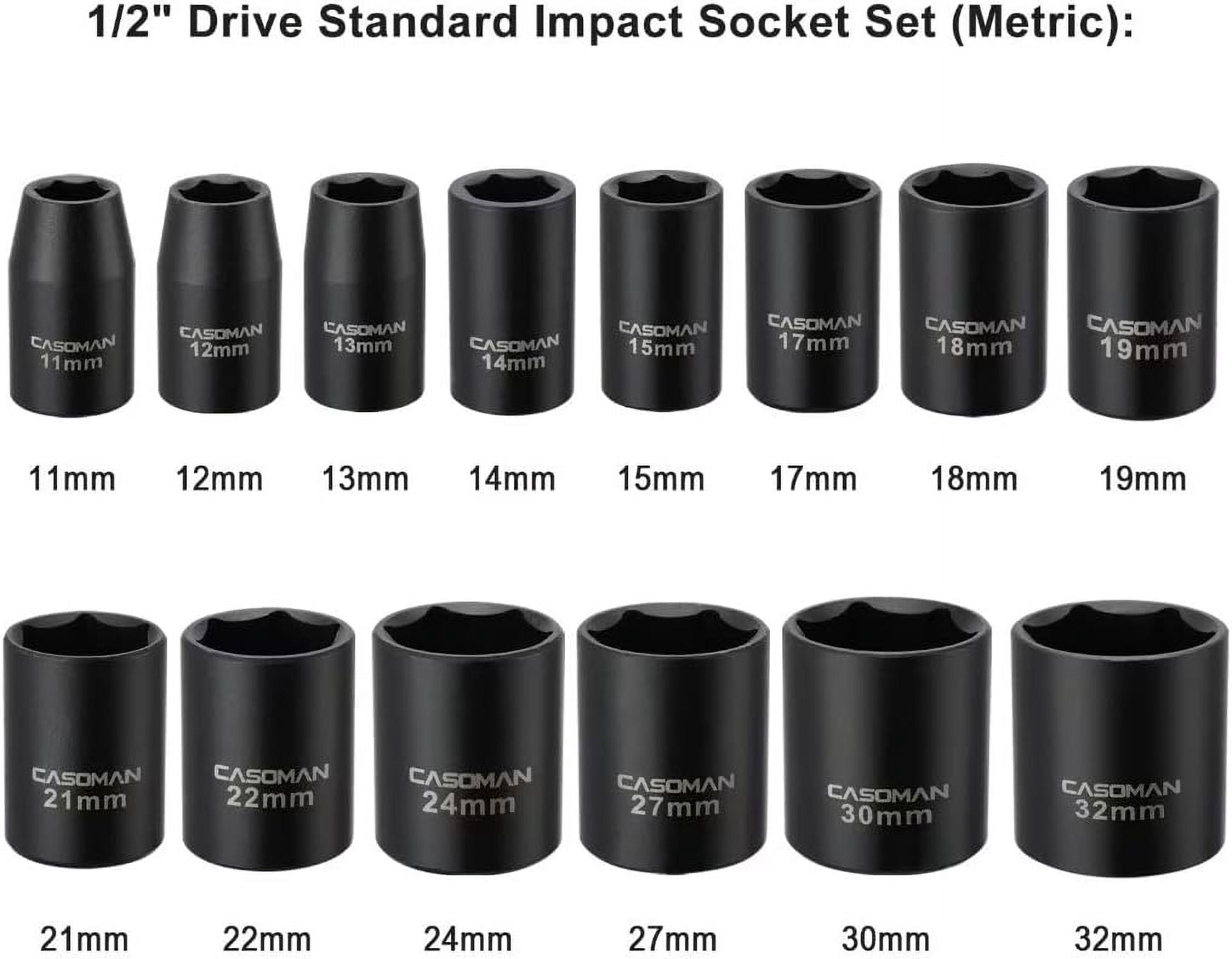 CASOMAN Pro 14 Pieces 1/2-Inch Drive Shallow Impact Socket Set, Metric, 6-Point, 11mm to 32mm