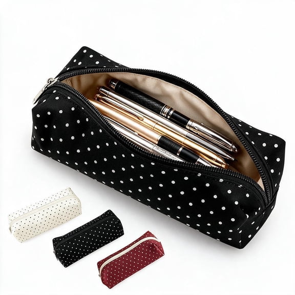 Polka Dot Pencil Case Aesthetic Polka Dot Pencil Pouch Y2K Large Capacity Pencils Case Vintage Pen Pencil Pouch Makeup Pouchs Cute Supplies(Black)