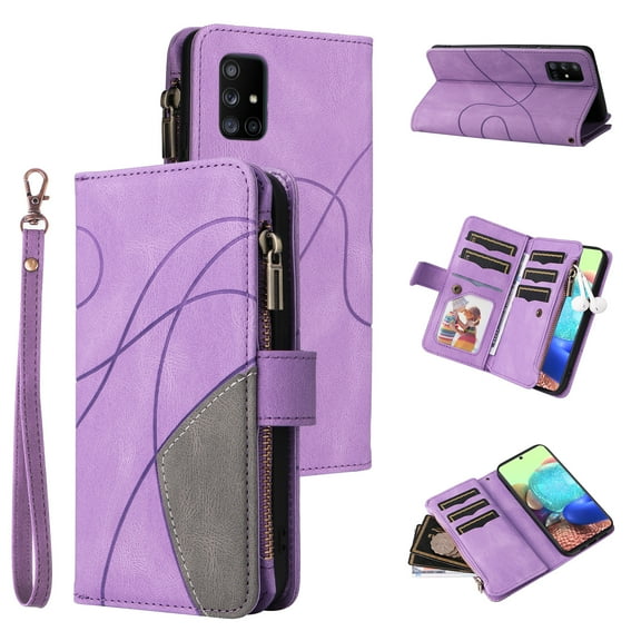 Multifunctional Case for Samsung A71 5G,Card Slots[RFID Blocking],Durable Flip Folio Kickstand Magnetic Closure Leather Zipper Wallet Wrist Strap Shockproof Case for Samsung Galaxy A71 5G, Purple