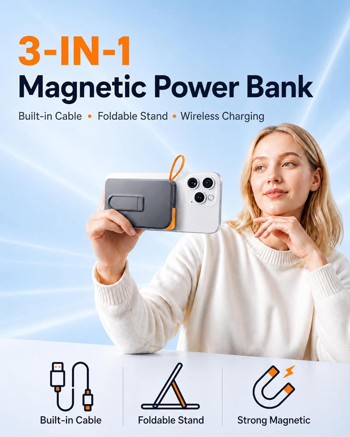for Magsafe Portable Carger, 3-in-1 Magnetic Power Bank wit Stand, 10000mA Wireless Battery Pack Fast Carging wit Built in Cable(USB C), Powerbank for iPone17/16/15/14/13 Travel & Daily, Black