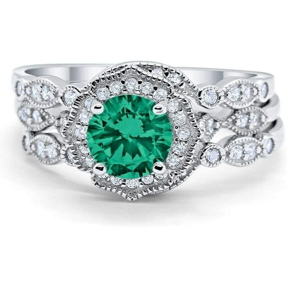 Rag Jewels 925 Sterling Silver 2.45 Ct Round Cut Green Emerald Wedding Engagement Thanksgiving Christmas Bridal Ring Set 14K White Gold Plated For Women's -7