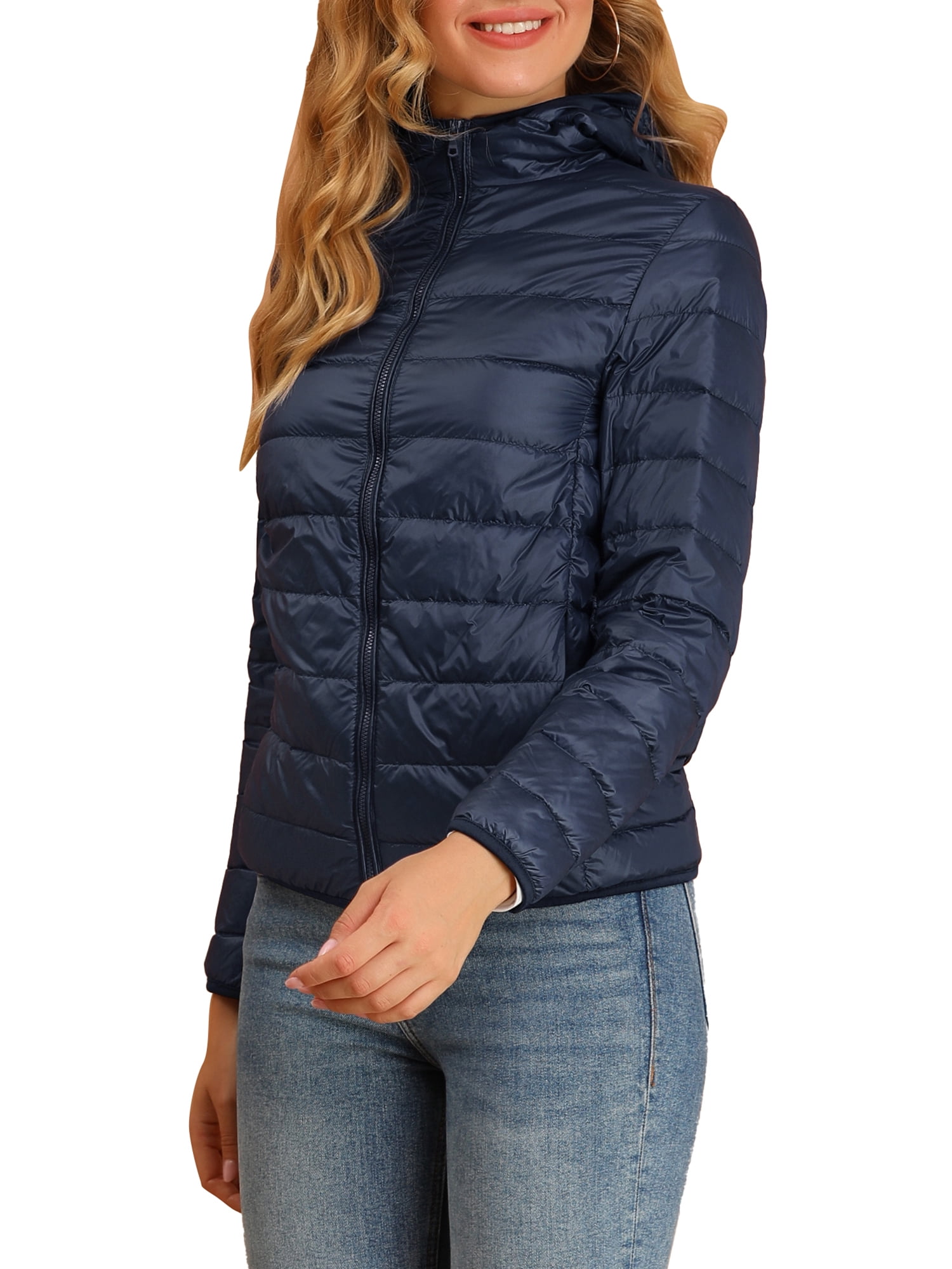DARING DIVA Women's Hooded Zip Up Short Down Lightweight Jacket XL Dark Blue