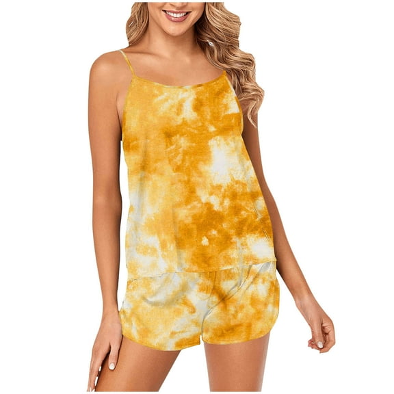 HUJlwoi Women Tie Dye Pajama Sets Sleeveless Cami Pj Sets Lightweight Summer Printed Lounge Sets Loose Sleepwear with Shorts