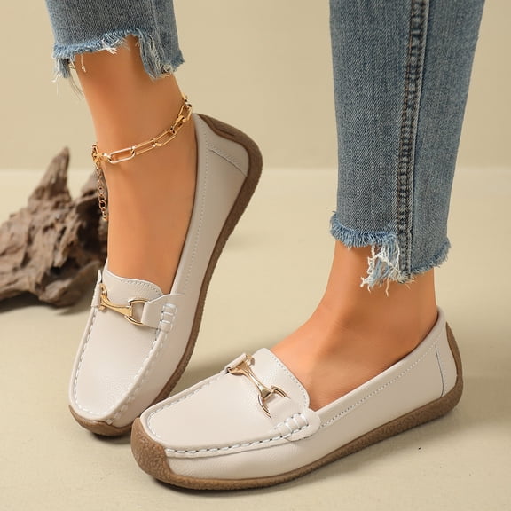 CushHide Women Ballet Flats Slip On Leather Loafers Beige with Metal Buckle Comfortable Casual Dress Shoes Breathable Work Footwear