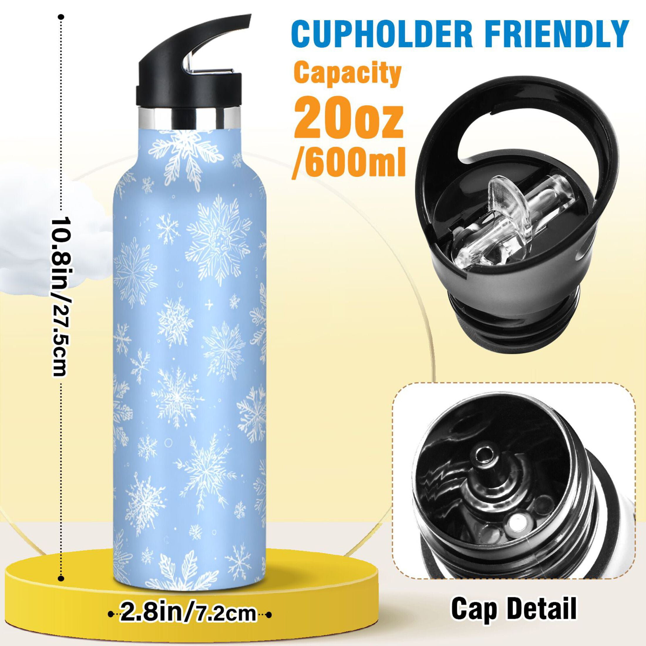 600ML Stainless Steel Insulated Cup Sports Water Bottle Portable Thermos Cup Water Glasses Insulated Tumblers Convenient and Durable White Snowflakes