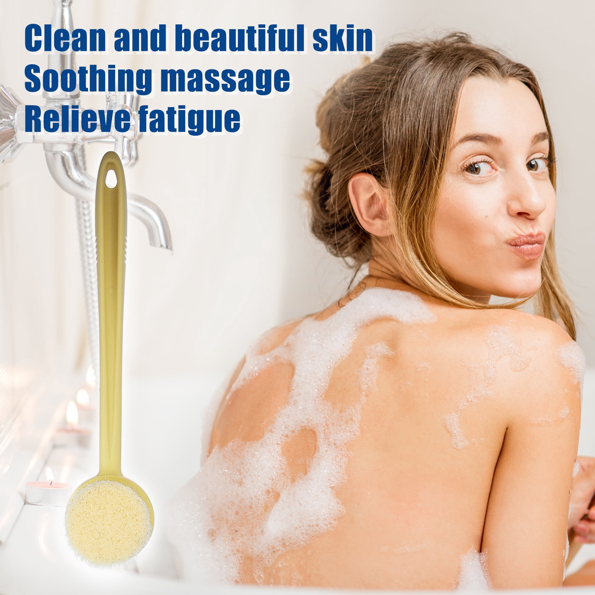 Unique Bargains Body Bath Brush Back Scrubber with Long Handle Beige