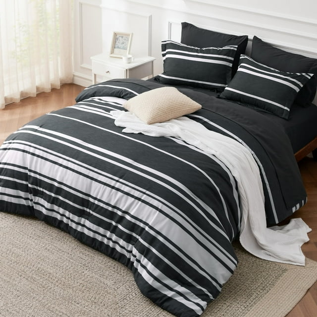 Juego de Edredón Bedsure California King 7 Piezas Negro a Rayas