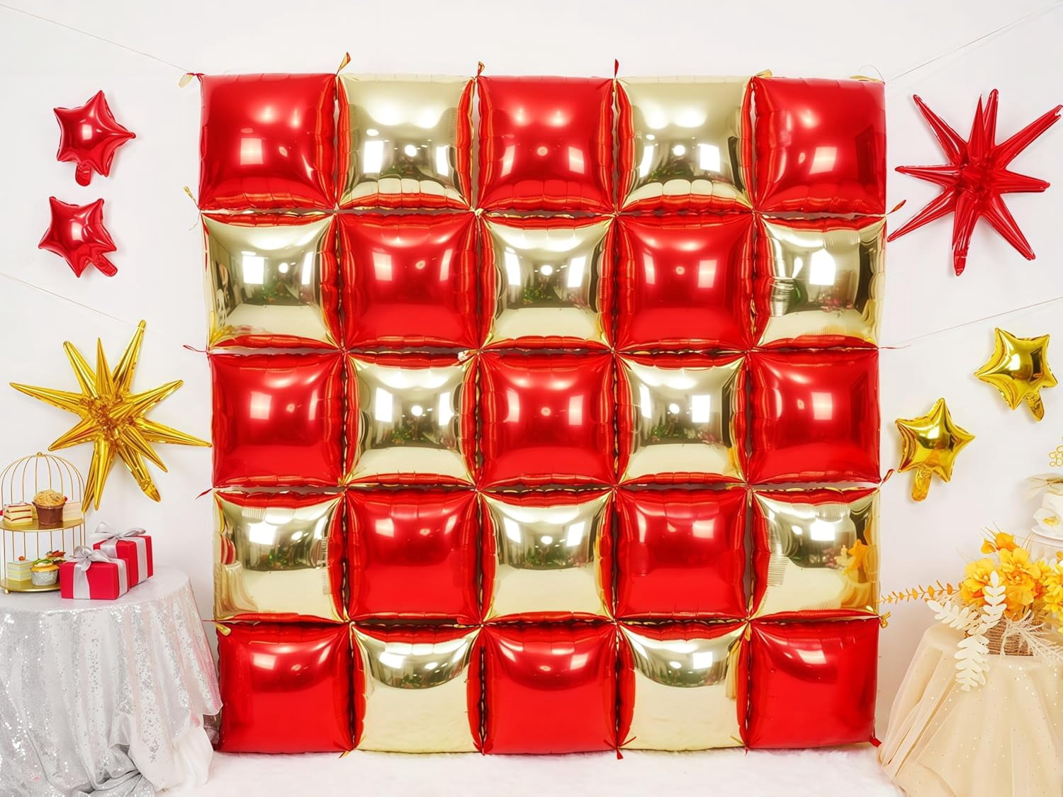 RGHJAR-Red and Gold Square Foil Balloons Wall, Double Sided Chrome Light Gold and Red Balloons Tunnel Arch Kit Backdrop for New Year 2026 Birthday Graduation Wedding Valentine's Day Party Decorations