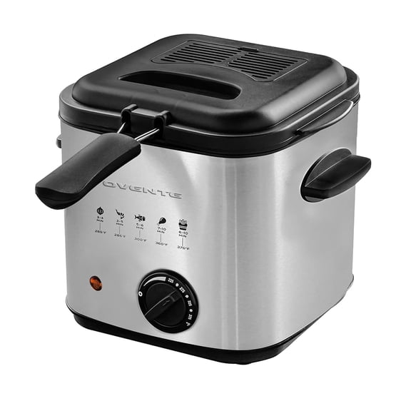 OVENTE Electric Deep Fryer, 1.5L Capacity, 800W with Adjustable Temperature, Viewing Window Lid, Removable Frying Basket & Cool-Touch Handles, Stainless Steel Countertop Fryer, Silver FDM1501BR