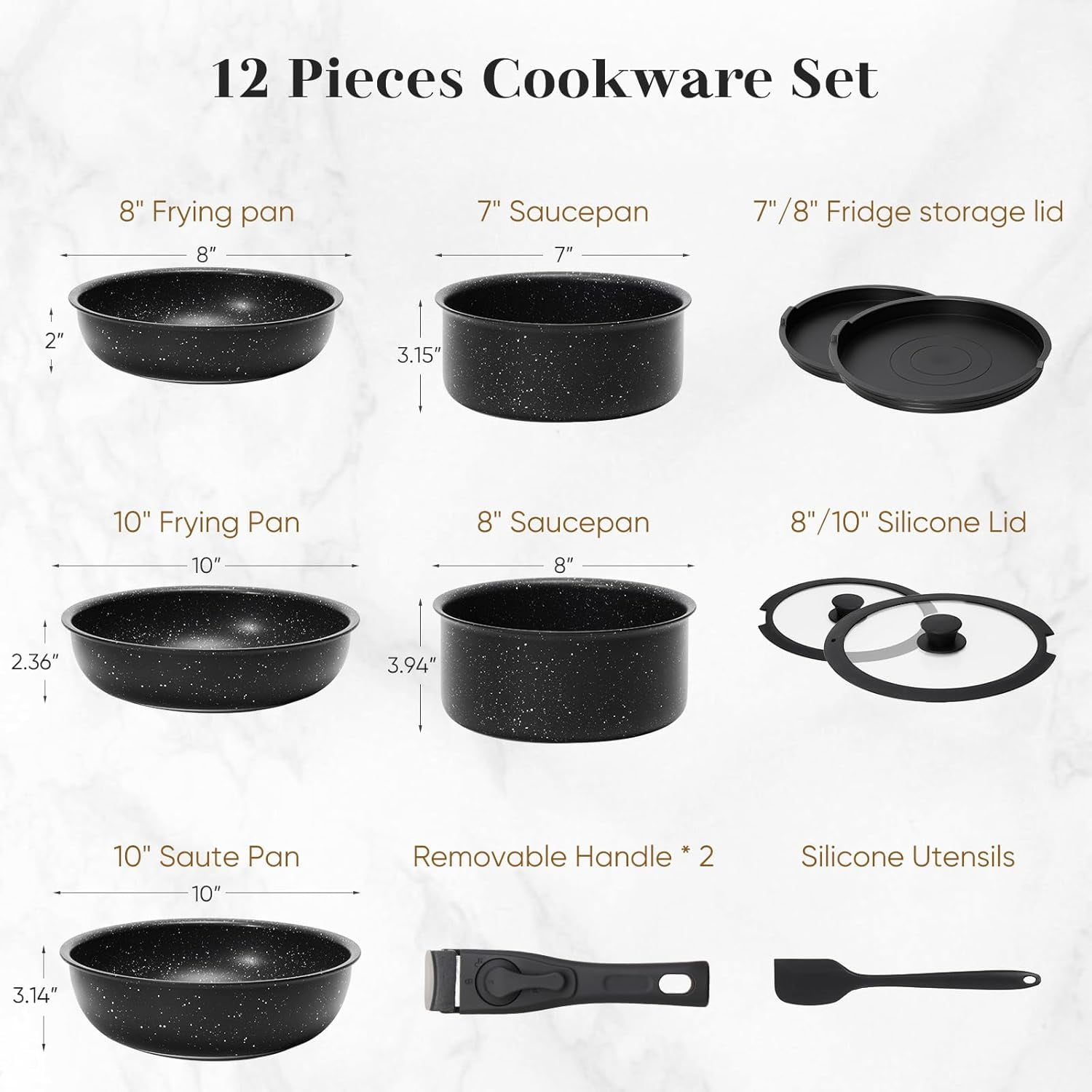 12-Piece Nonstick Pots and Pans Set, Stackable Kitchen Cookware Sets with Removable Handle, Induction Compatible, Black