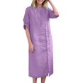 thumbnail image 2 of Vhkiploz Summer Long Tunic Linen Dress for Women's Solid Color Button-Up Front Split T-Shirt Dress Short Sleeve Round Neck Beach Straight Dress, 2 of 10
