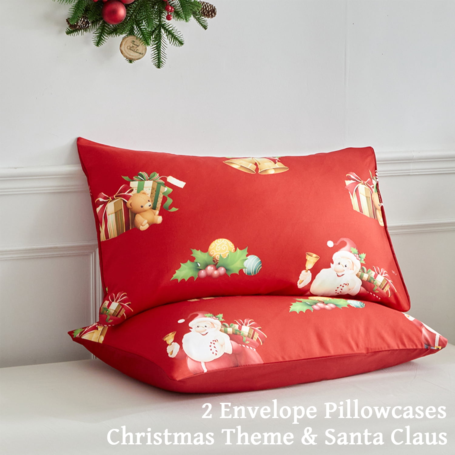 PERFEMET Merry Christmas Comforter Set 3Pcs Twin Size Red Santa Claus Elk Bedding Set for Boys Girls Xmas Tree Bell Bed Set for Christmas Decor 100% Soft Microfiber Quilt Set (Santa Claus, Twin)