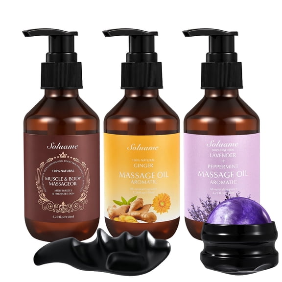 Body Massage Oil for Skin Moisturizing Soothing and Relaxing, 3 Pack Massage Oils with Massage Roller Ball and Thumb Saver Tool, Presents for Men and Women 5.29 fl.oz x 3