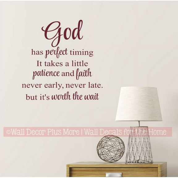 Vinyl Wall Art God Has Perfect Timing Patience Faith Religious Home Decor Quote Sticker - Removable Bible Scripture Wall Decals - Inspirational Quote Wall Decals - 23x23-Inch, Burgundy