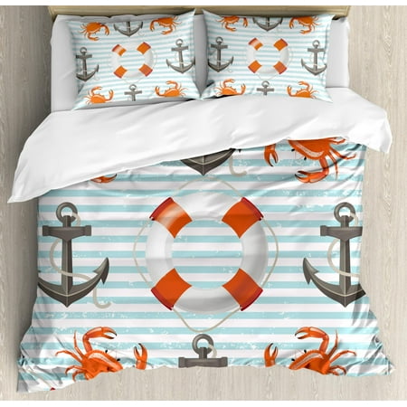 Coastal Life Bedding Nautical Duvet Cover Set, Life Rings Anchor And Ropes Ocean Crabs Coastal Theme Teal Striped Print, Decorative Bedding Set with Pillow Shams, Scarlet Black Teal, by Ambesonne ()